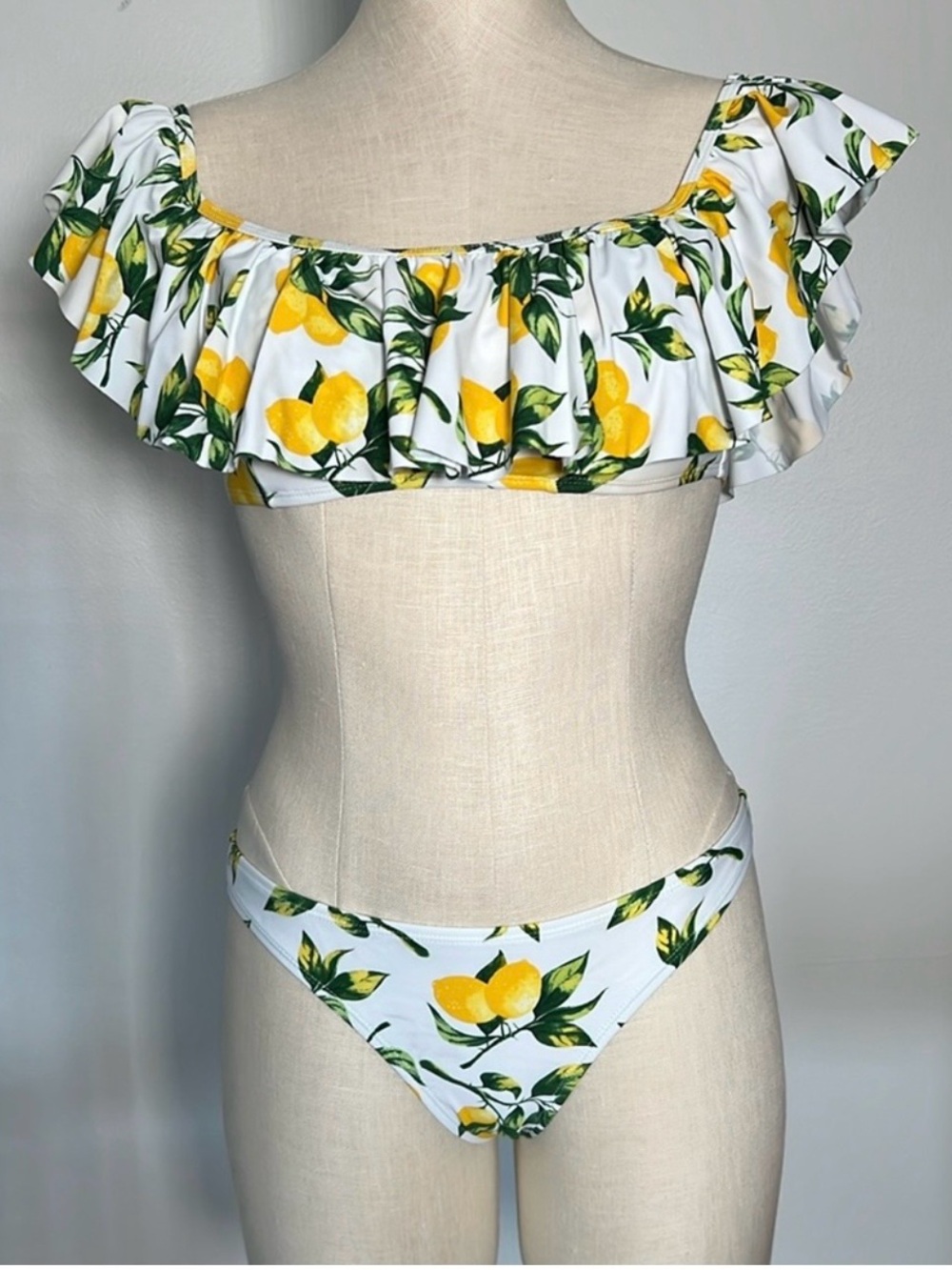 White Lemon Print Ruffle Bikini Set